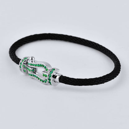 S925 Sterling Silver Lab Emerald Horseshoe Pave Black Cord Bracelet, Vintage Minimalist - Photo 6