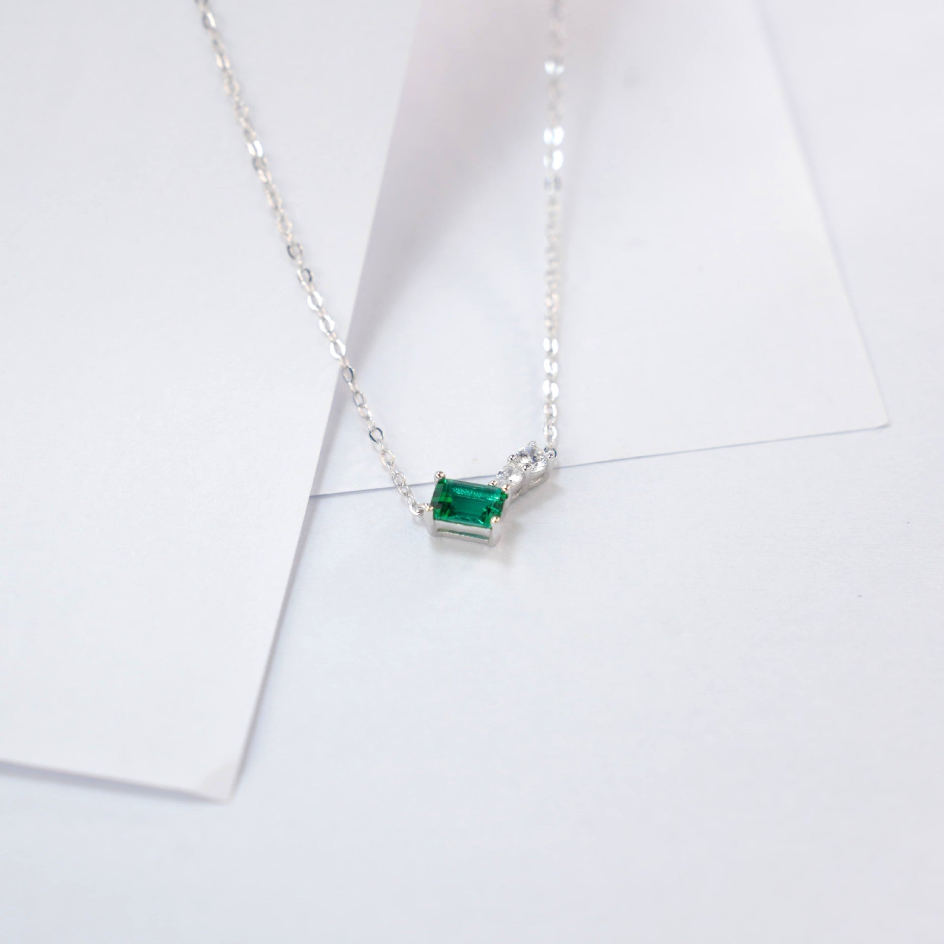 S925 Silver Lab Emerald Necklace Square Unique Premium - Photo 3