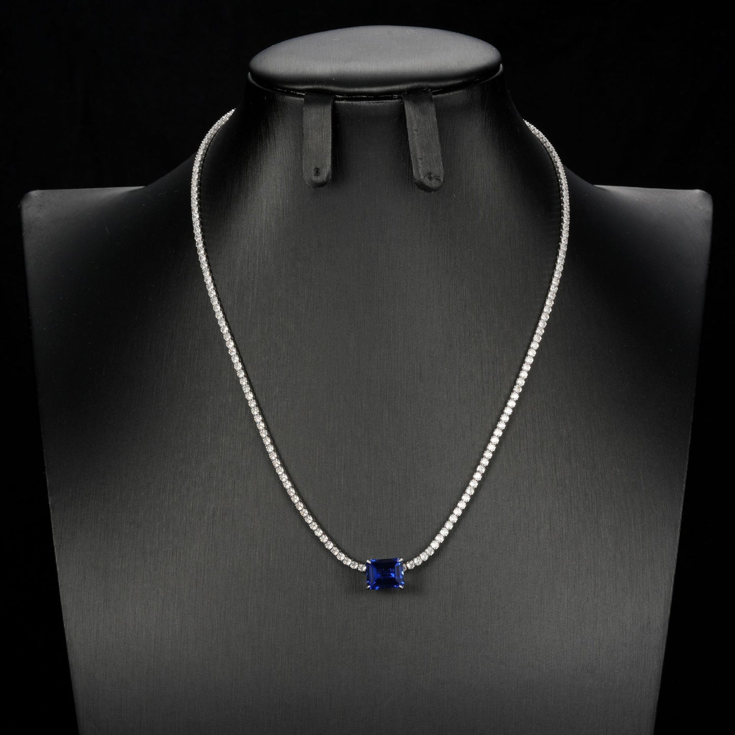 S925 Sterling Silver Lab Sapphire Necklace Rectangle Step-Cut Centre Full Diamond, Premium Valentine Gift - Photo 4
