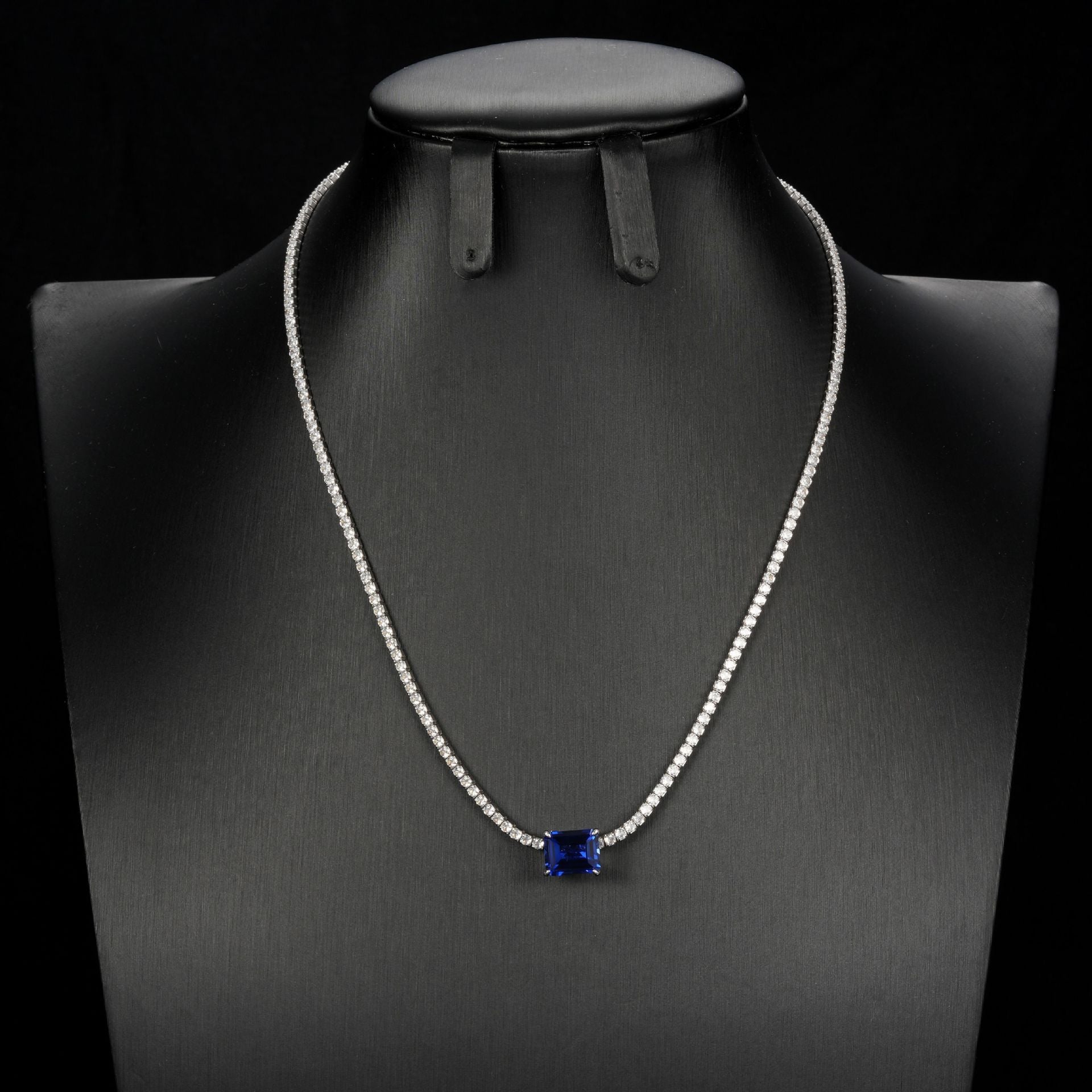 S925 Sterling Silver Lab Sapphire Necklace Rectangle Step-Cut Centre Full Diamond, Premium Valentine Gift - Photo 4