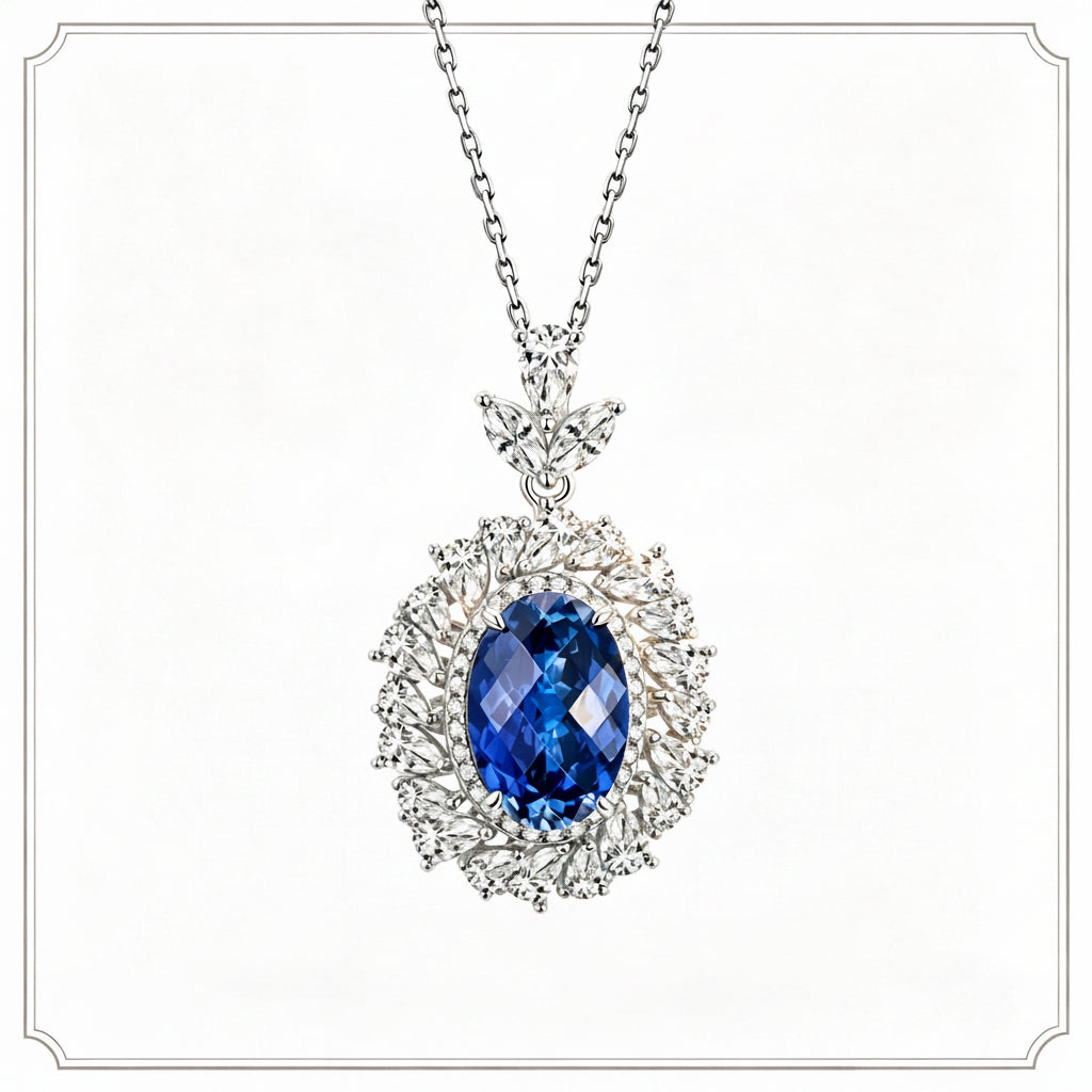 S925 Sterling Silver Oval Sapphire Pendant Choker Halo, Design Versatile Premium - Photo 1