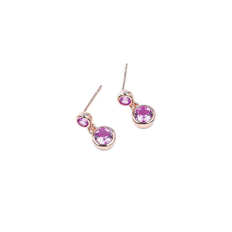S925 Silver Double Round Bezel Pink Sapphire Stud Earrings, Rose Gold - Photo 5