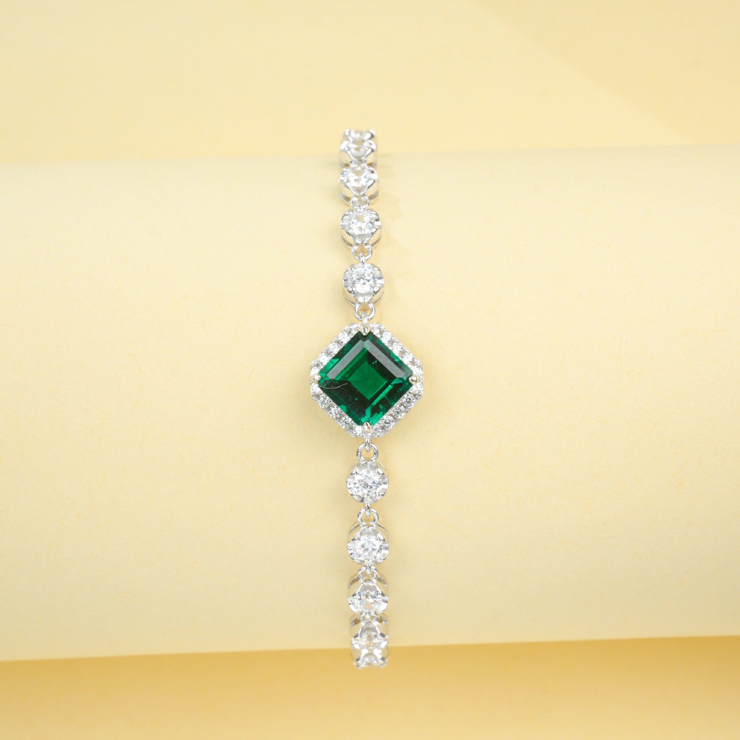 S925 Sterling Silver Lab Emerald Pave Bracelet, Vintage - Photo 3