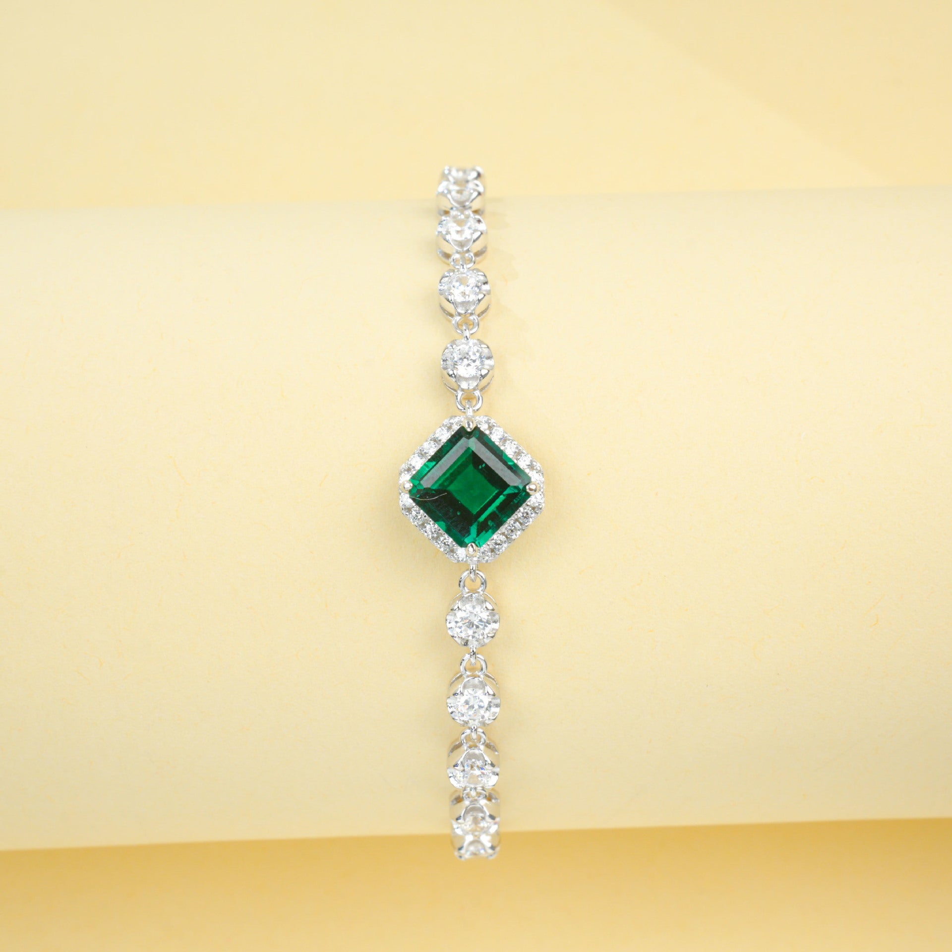 S925 Sterling Silver Lab Emerald Pave Bracelet, Vintage - Photo 3