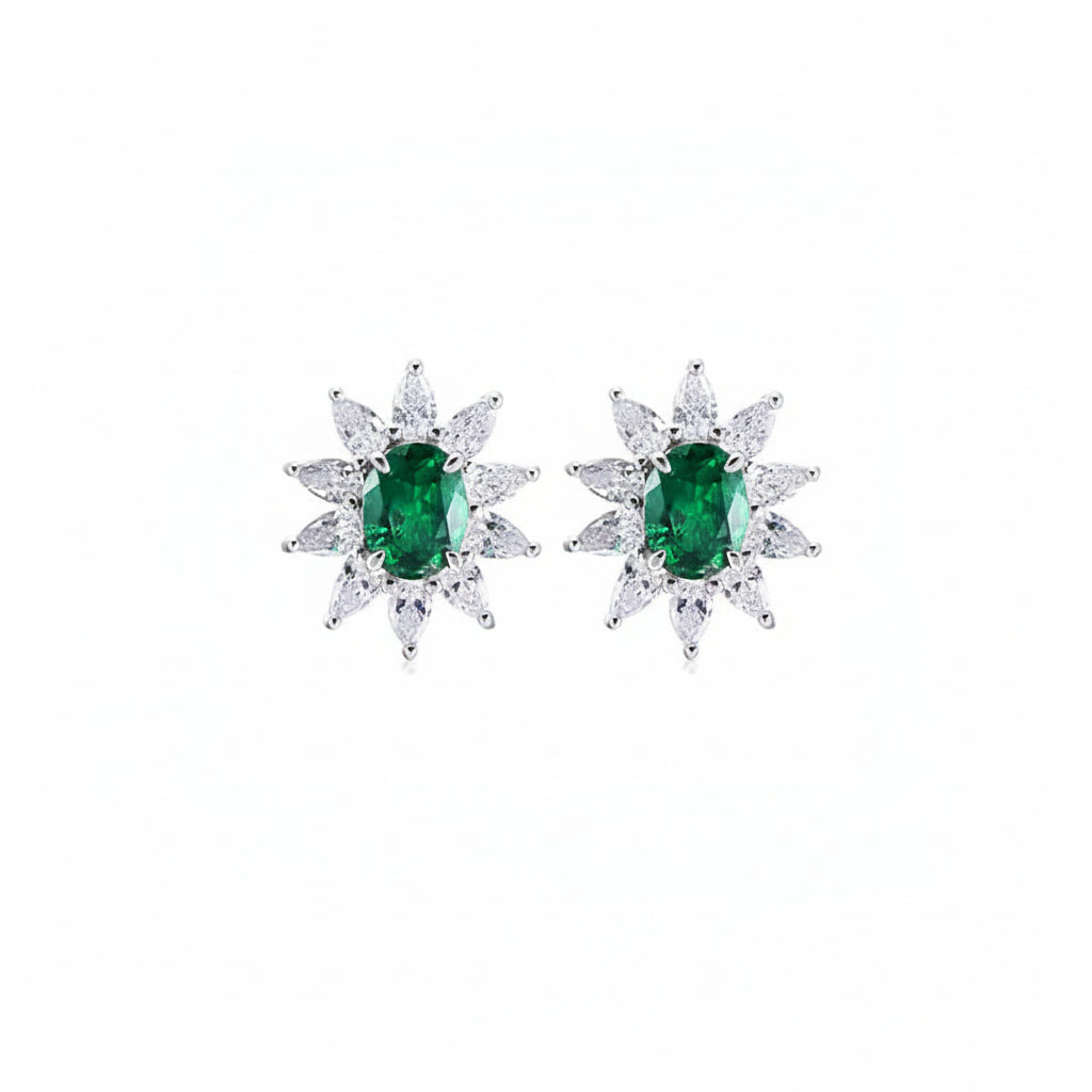 925 Sterling Silver Lab Emerald Sunflower Stud Earrings, Vintage - Photo 1
