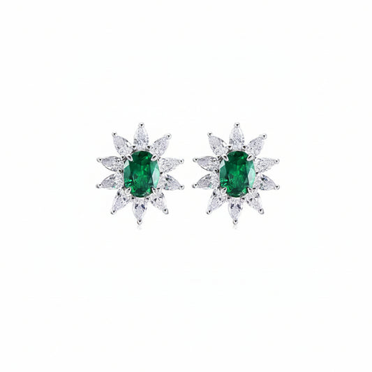925 Sterling Silver Lab Emerald Sunflower Stud Earrings, Vintage - Photo 1