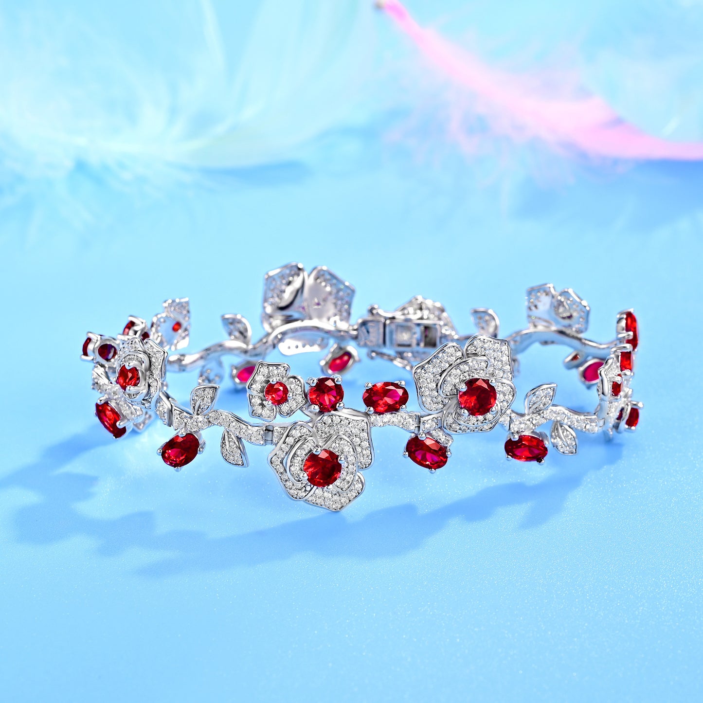 S925 Sterling Silver Lab Ruby Rose Branch Bracelet, Romantic Vintage Anniversary - Photo 3