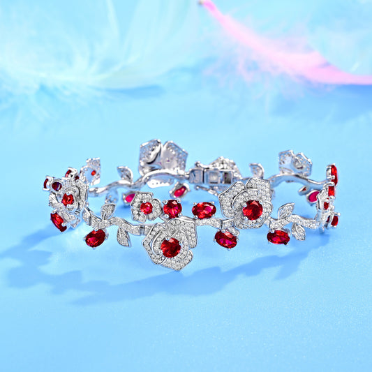S925 Sterling Silver Lab Ruby Rose Branch Bracelet, Romantic Vintage Anniversary - Photo 3