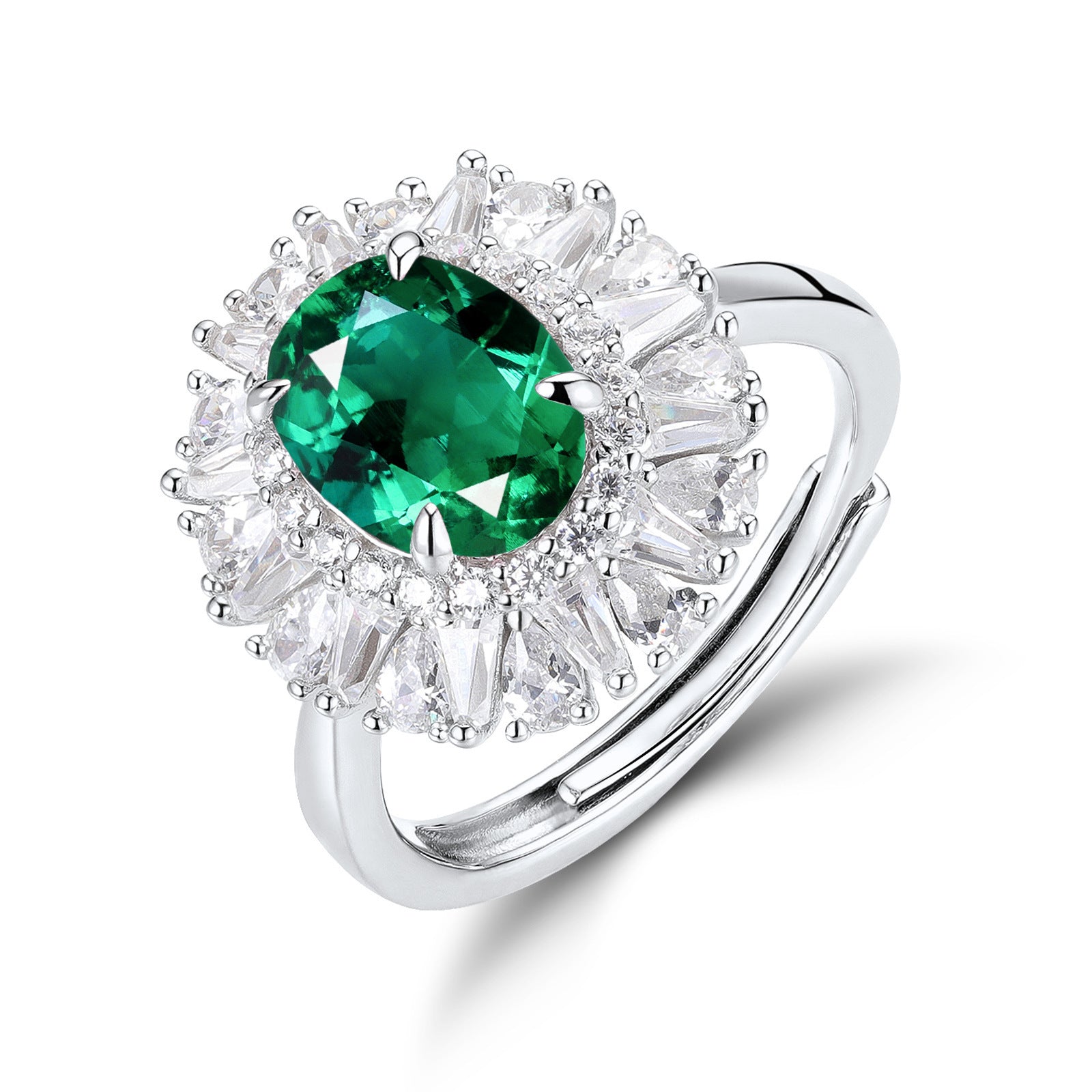 S925 Sterling Silver Lab Emerald Oval Halo Adjustable Open Ring, Vintage Versatile Gift - Photo 6