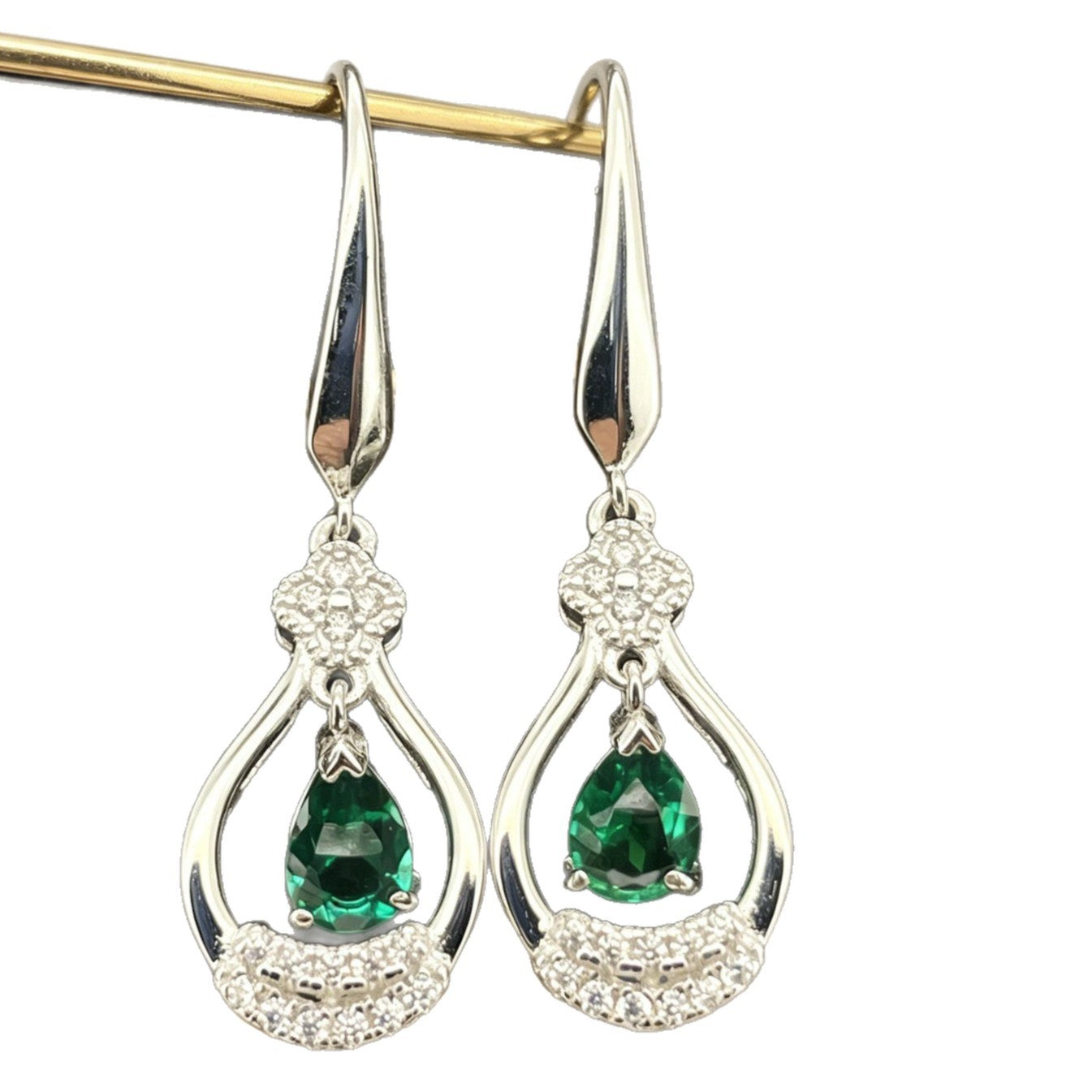 925 Sterling Silver Lab Emerald Earrings for Women, Zircon Drop Elegant - Photo 5