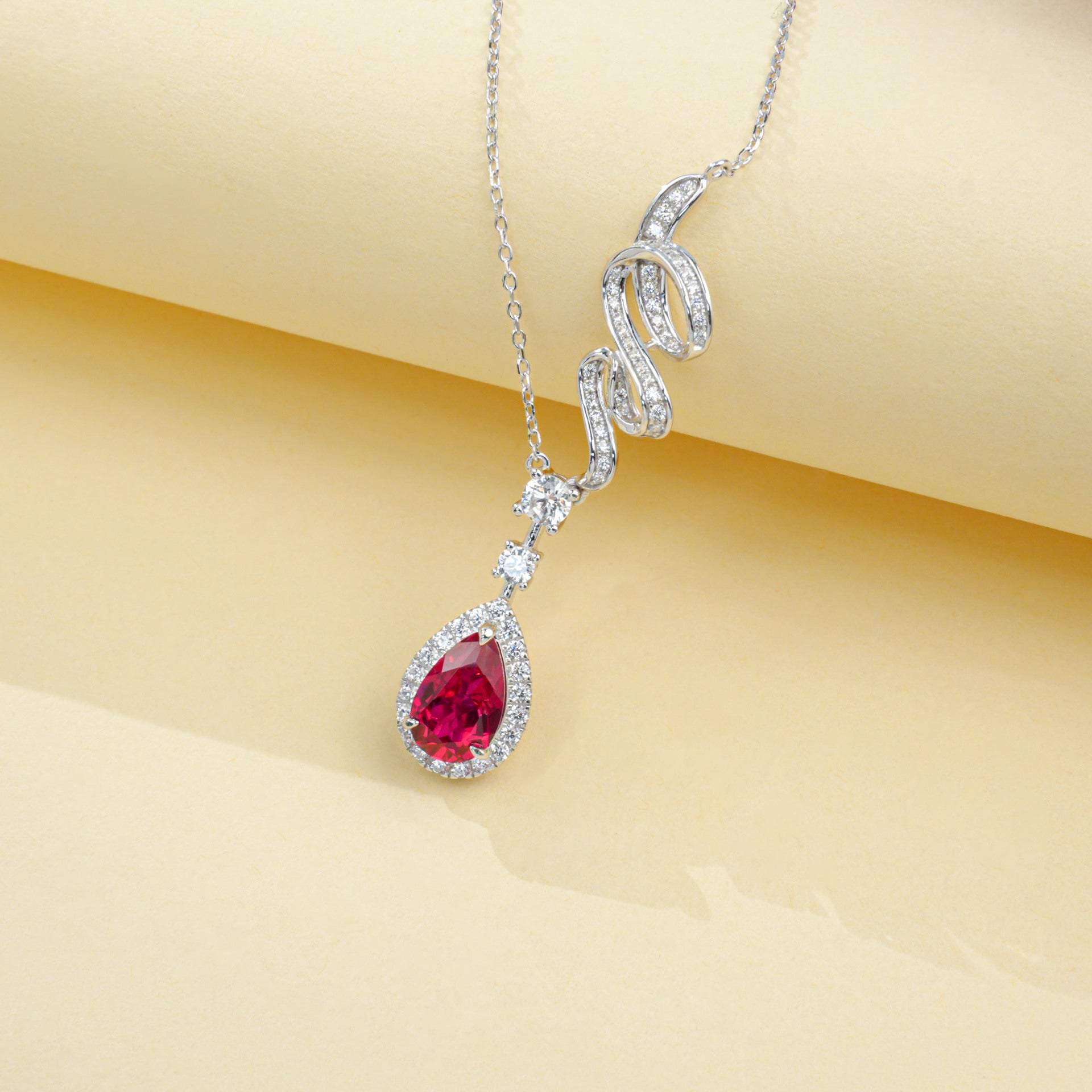S925 Silver Twisted Diamond Chain Teardrop Lab Ruby Pendant Necklace - Photo 2