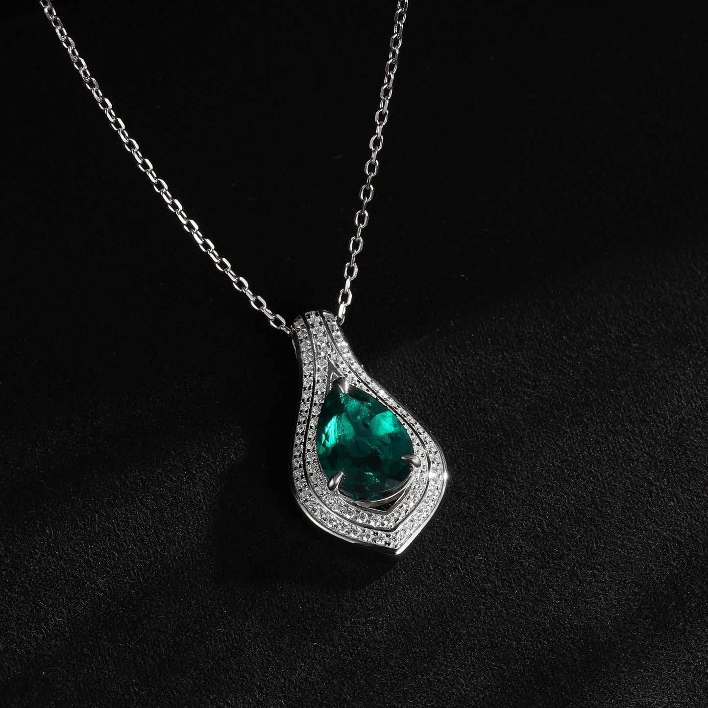 S925 Sterling Silver Lab Emerald Teardrop Pave Halo Necklace, for Women - Photo 4