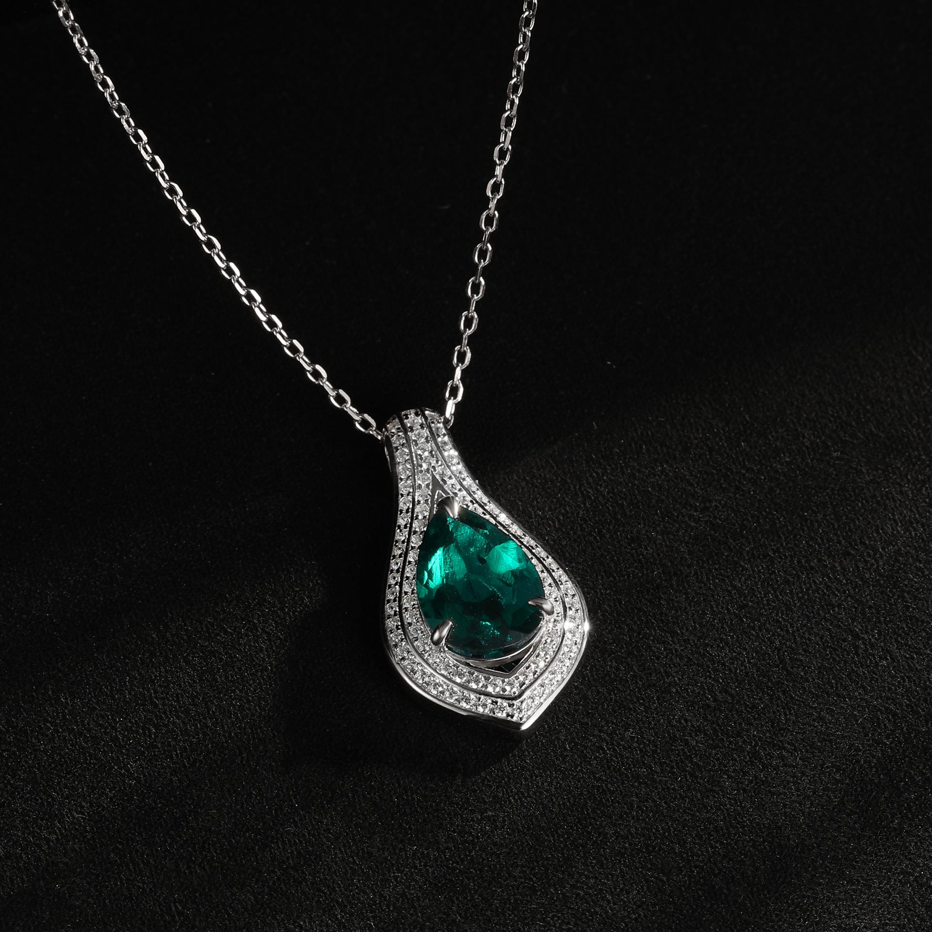 S925 Sterling Silver Lab Emerald Teardrop Pave Halo Necklace, for Women - Photo 4