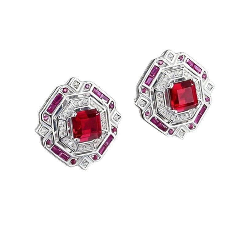 S925 Sterling Silver Lab Pigeon Blood Ruby Octagon Heavy-Craft Earrings, Premium for Women - Photo 5