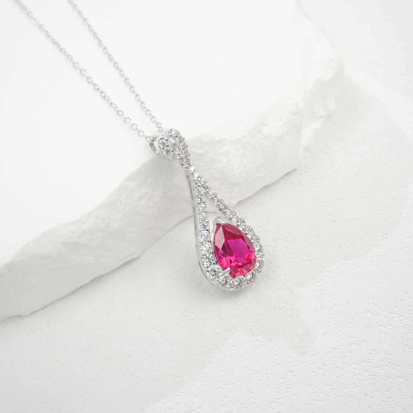 S925 Sterling Silver Lab Ruby Teardrop Necklace for Women, French - Photo 2