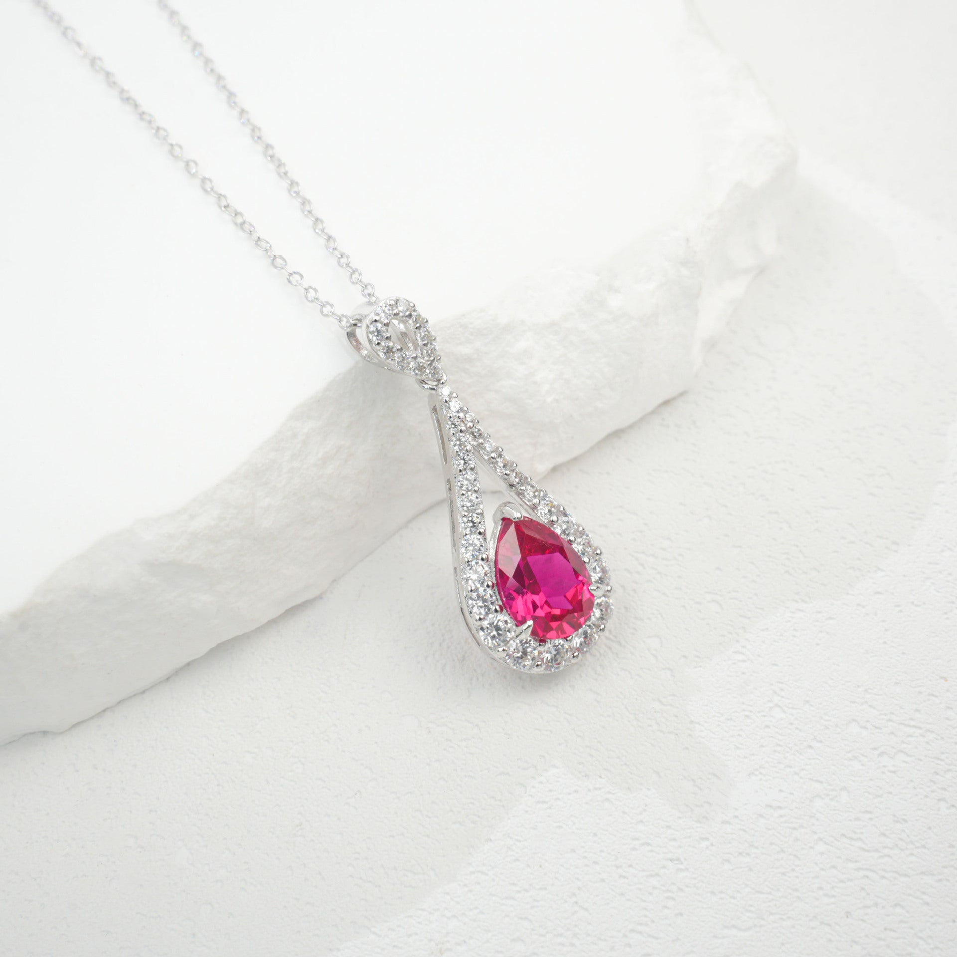 S925 Sterling Silver Lab Ruby Teardrop Necklace for Women, French - Photo 2