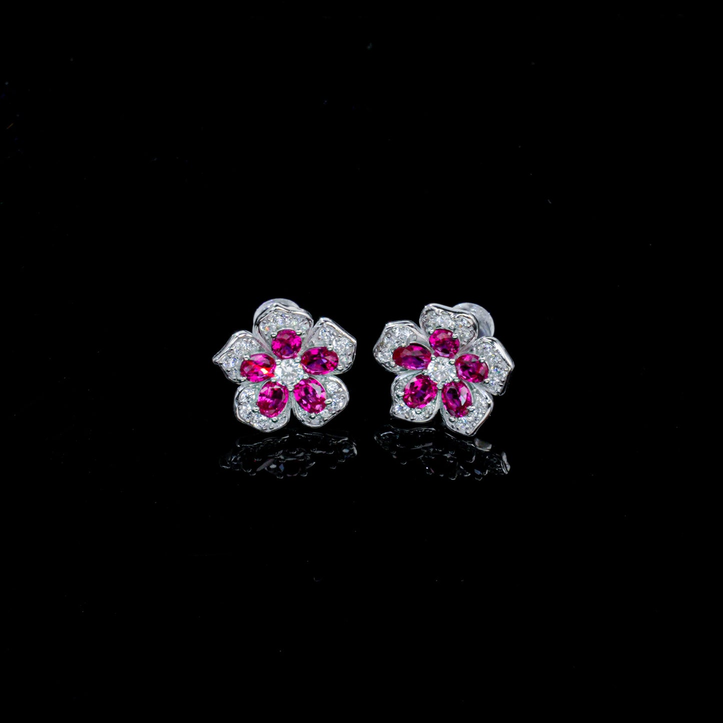 S925 Silver Lab Ruby Flower Stud Earrings, Luxurious Full Diamond - Photo 3