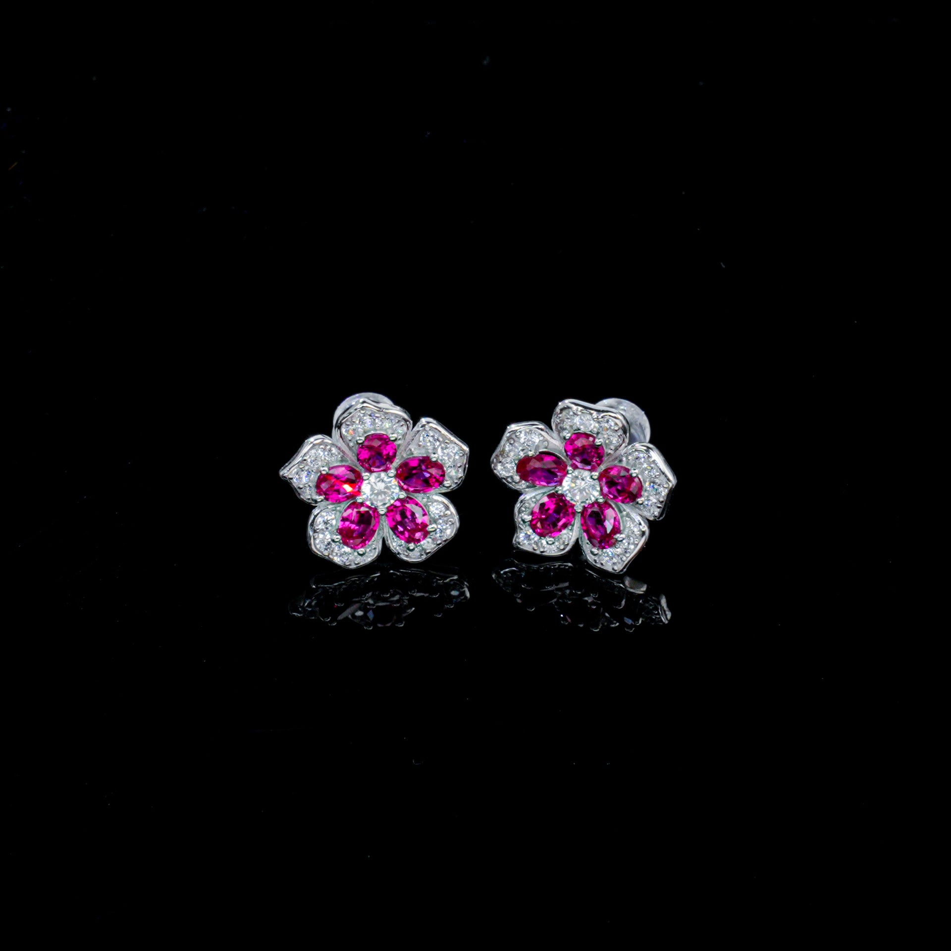 S925 Silver Lab Ruby Flower Stud Earrings, Luxurious Full Diamond - Photo 3