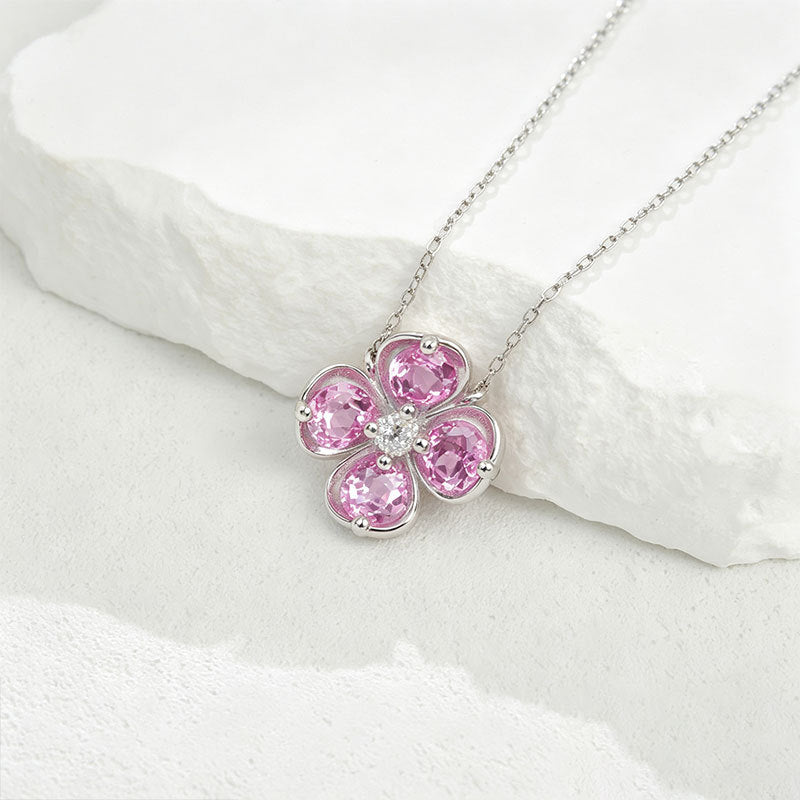 Fresh Four-Leaf Clover Padparadscha Pink Sapphire Pendant Necklace, Girly Valentines Birthday - Photo 3