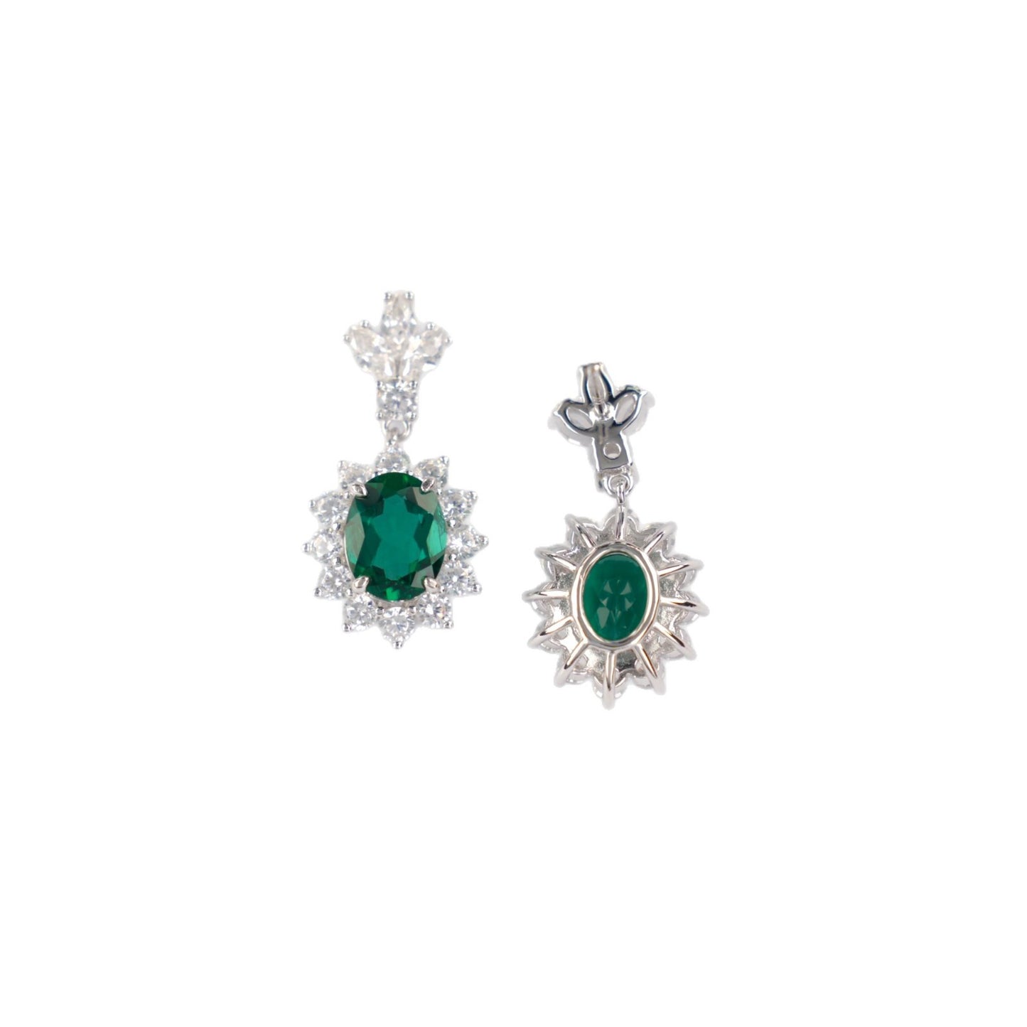 S925 Sterling Silver Oval Lab Emerald Sunflower Pave Halo Earrings, Anniversary Vintage Versatile - Photo 5