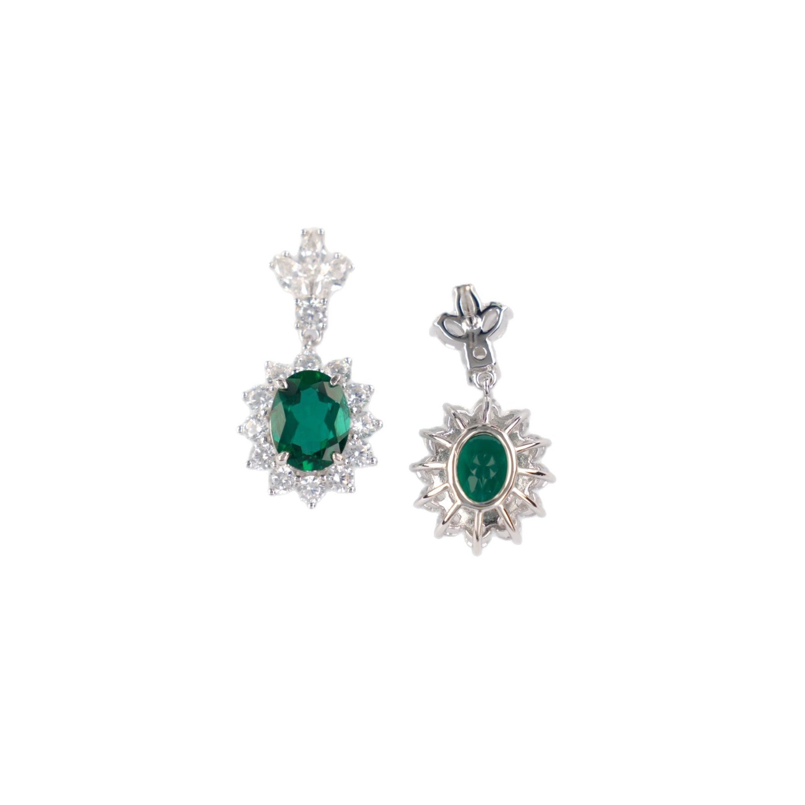 S925 Sterling Silver Oval Lab Emerald Sunflower Pave Halo Earrings, Anniversary Vintage Versatile - Photo 5
