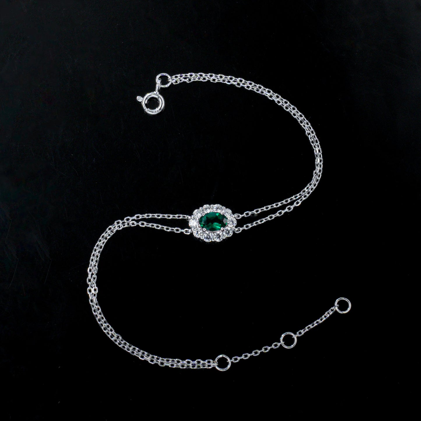 S925 Silver Double-Layer Slim Chain Oval Lab Emerald Single-Halo Diana, Simple Bracelet - Photo 4