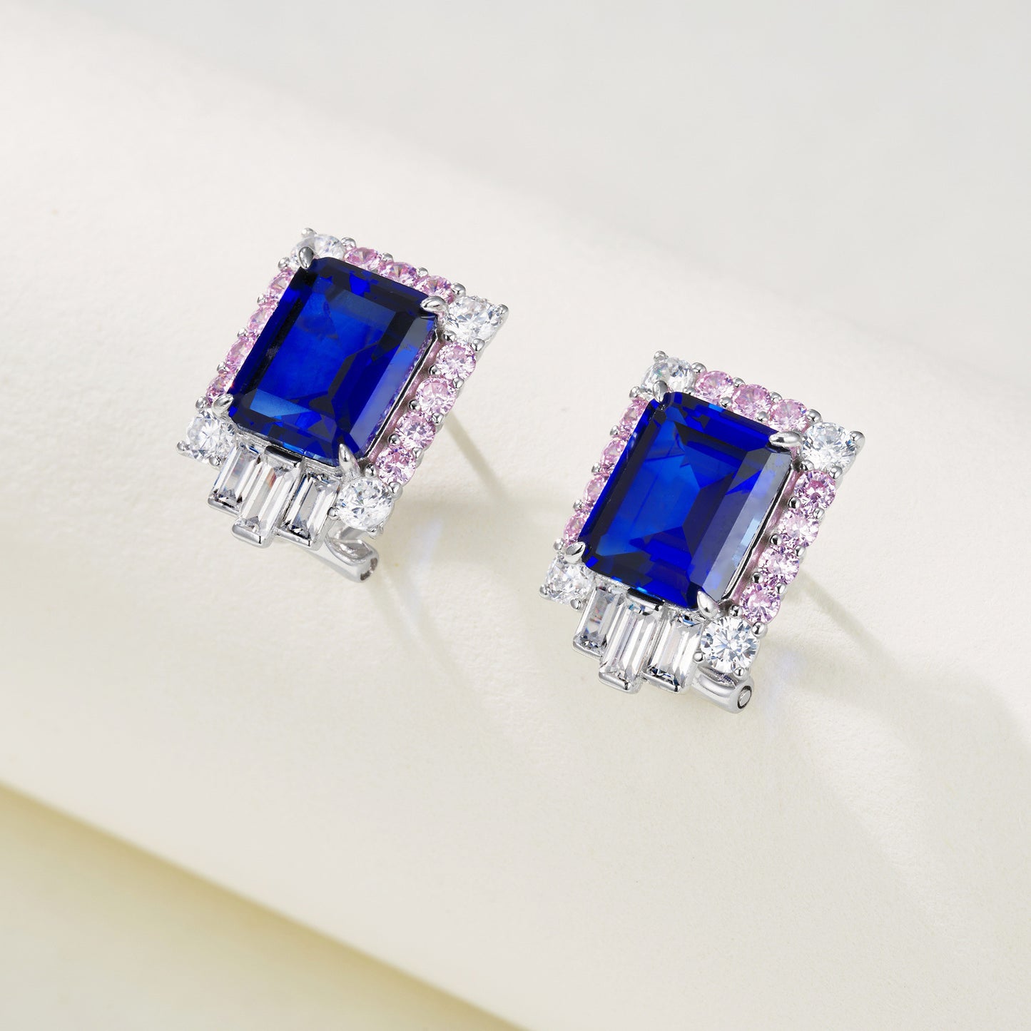 S925 Sterling Silver Lab Sapphire Earrings, Simple Women's Rectangle - Photo 2