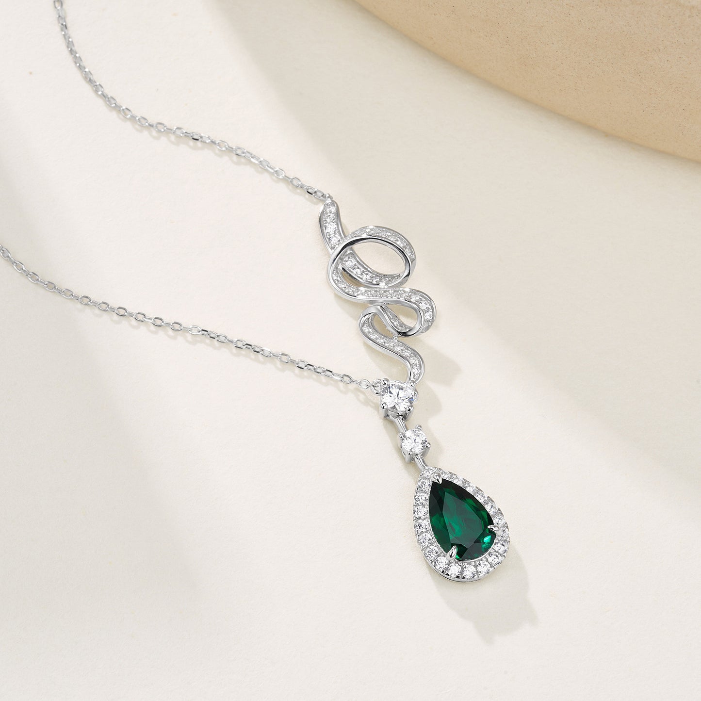 S925 Silver Snake Full Diamond Chain Teardrop Lab Emerald Halo Necklace, Premium Evening Jewellery - Photo 2