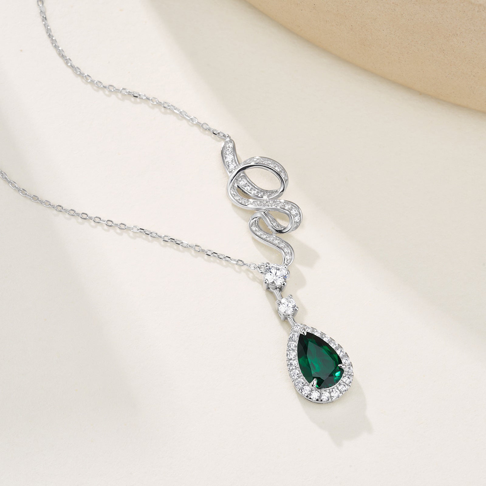 S925 Silver Snake Full Diamond Chain Teardrop Lab Emerald Halo Necklace, Premium Evening Jewellery - Photo 2