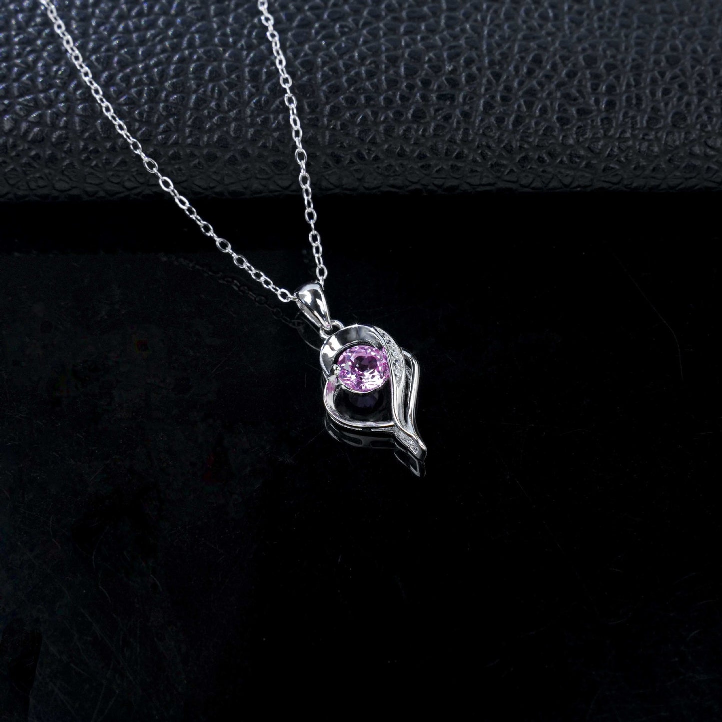 Heart Pink Gemstone Silver Necklace, Diamond Heart Pendant - Photo 2