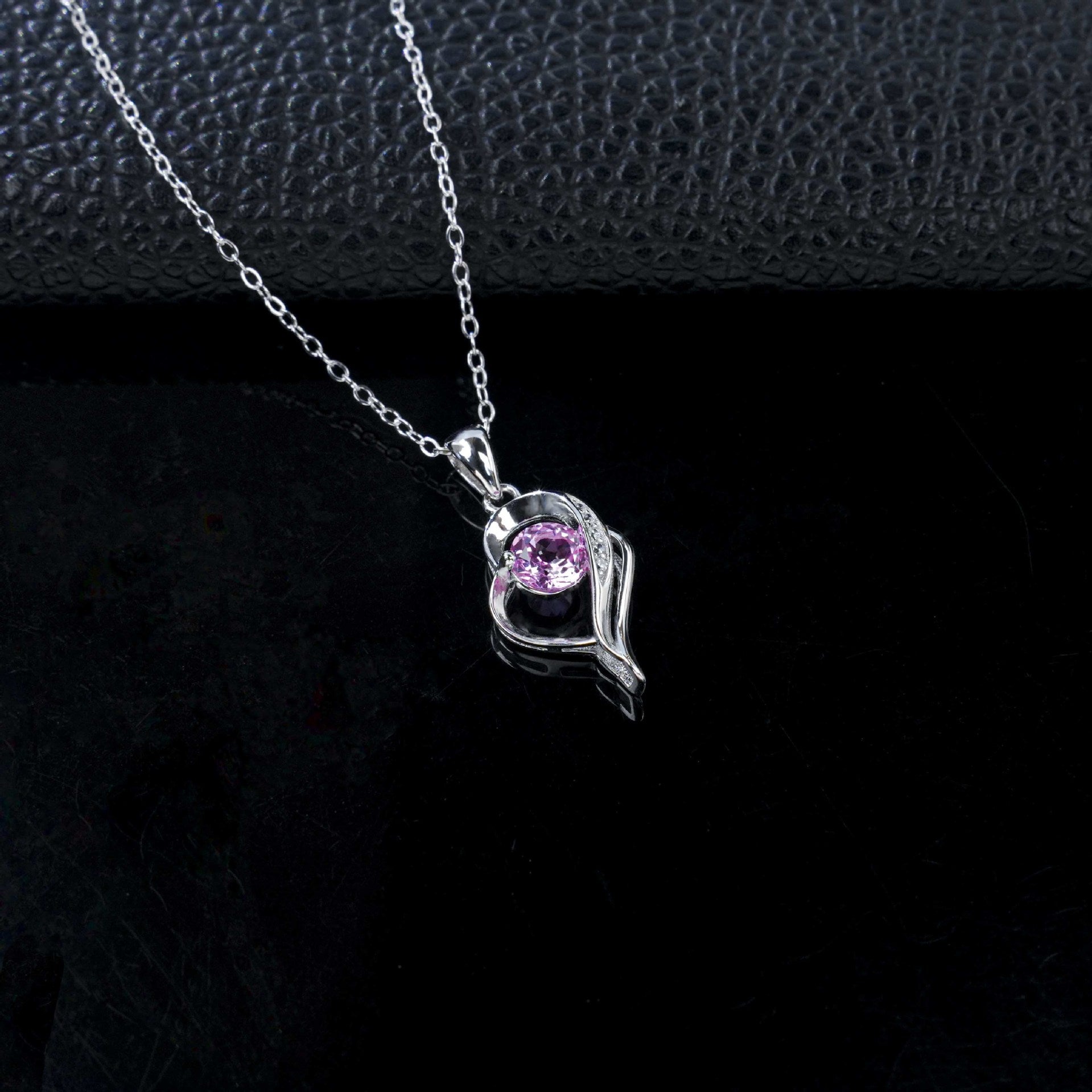 Heart Pink Gemstone Silver Necklace, Diamond Heart Pendant - Photo 2