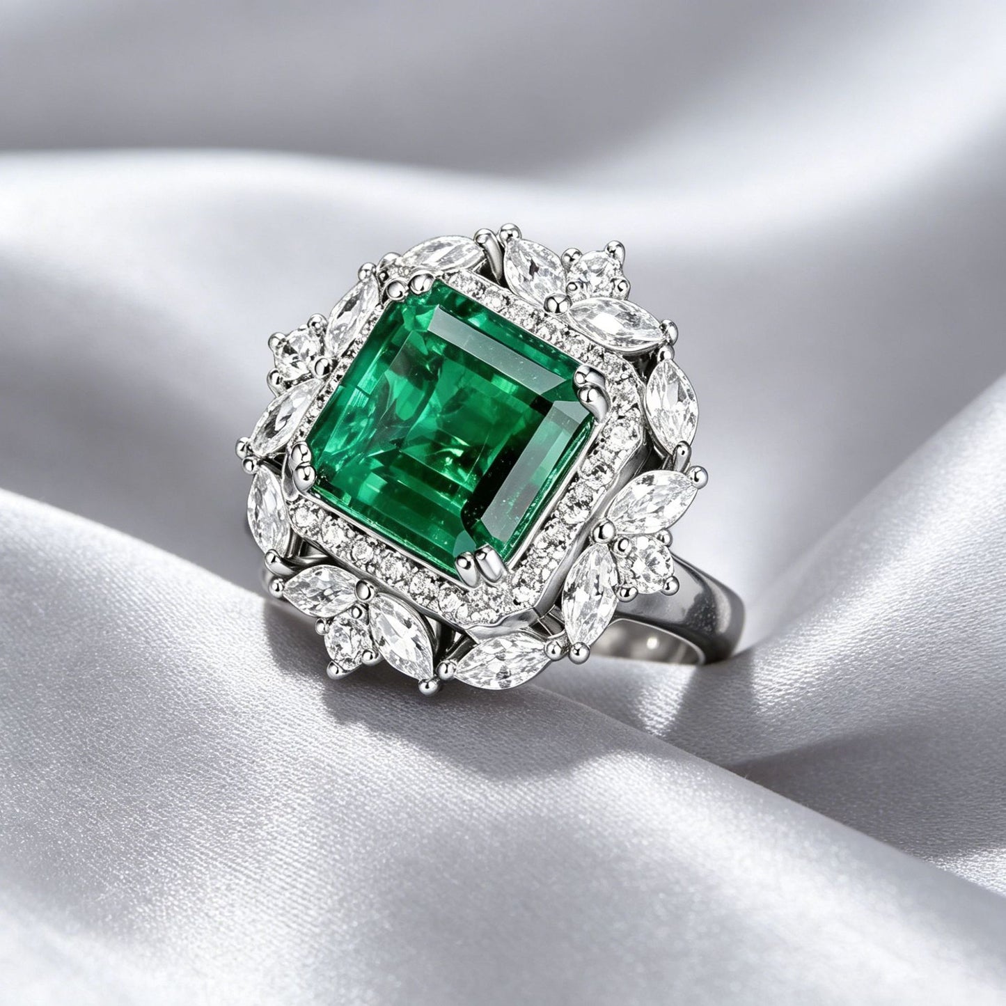 Lab Emerald 2-in-1 Ring 925 Silver, Vintage Style Jewellery - Photo 4