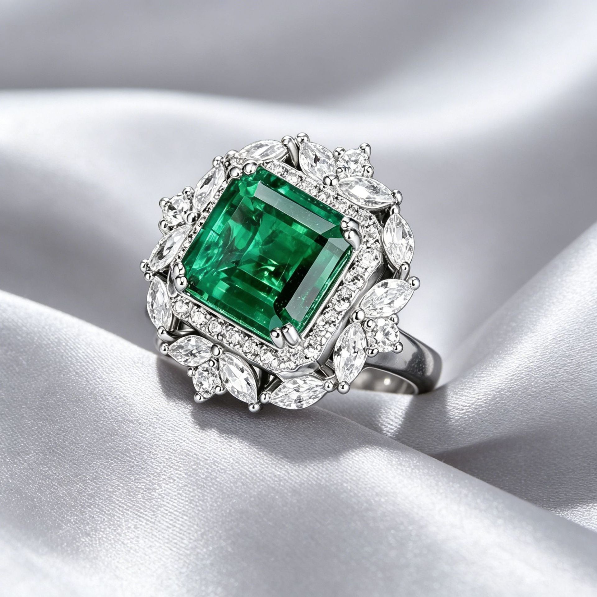 Lab Emerald 2-in-1 Ring 925 Silver, Vintage Style Jewellery - Photo 4