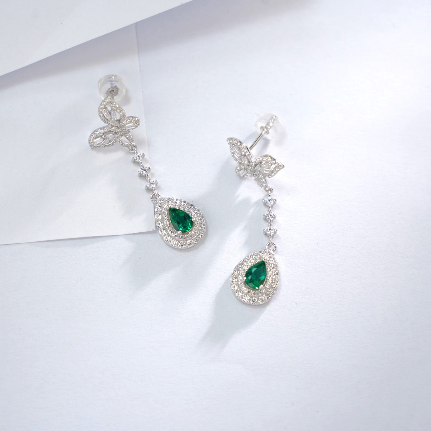 S925 Sterling Silver Lab Emerald Stud Earrings, Teardrop Butterfly Diamond - Photo 4