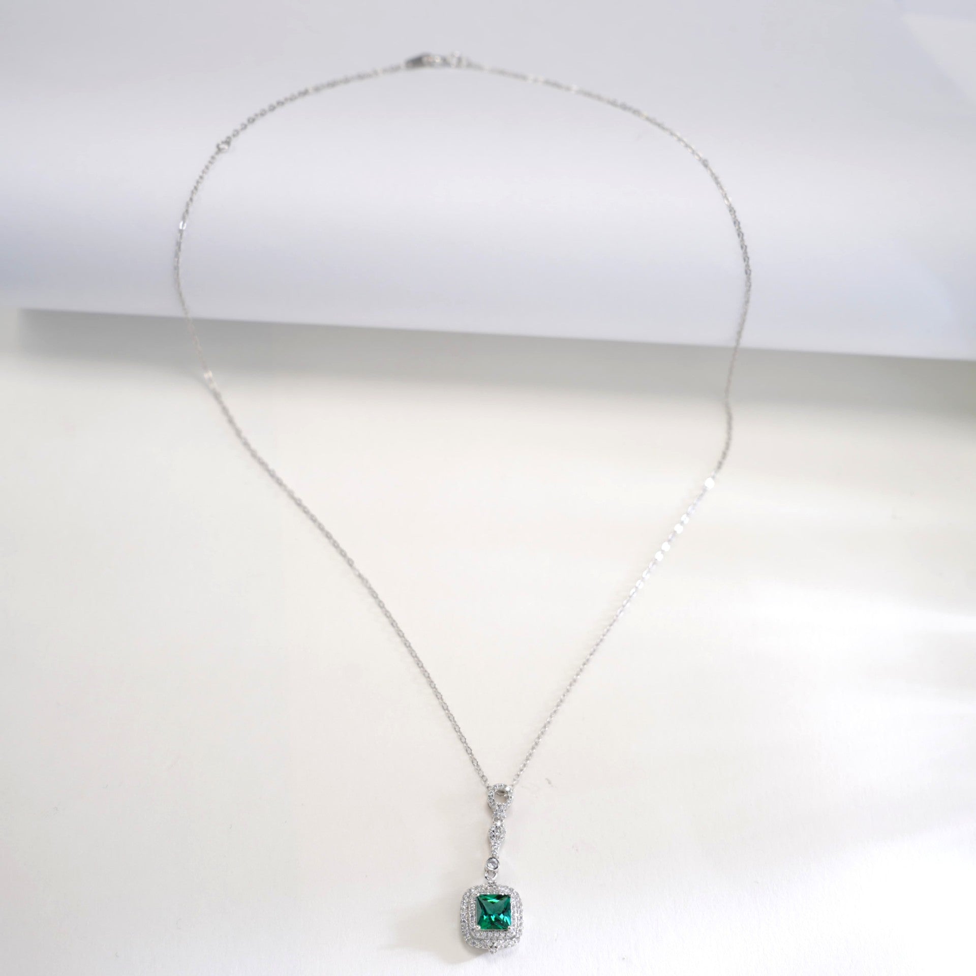 S925 Sterling Silver Lab Emerald Square Pave Choker Necklace, for Women - Photo 2