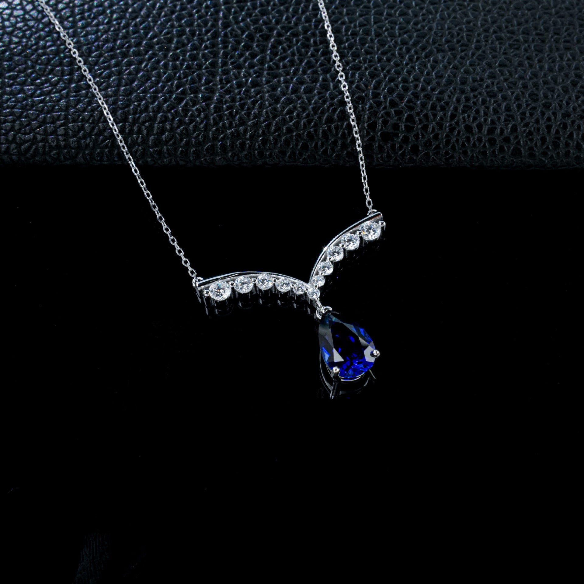 S925 Silver V-Shape Symmetric Pave Diamond Lab Sapphire Teardrop Pendant Necklace, Necklace Birthday Gift - Photo 3