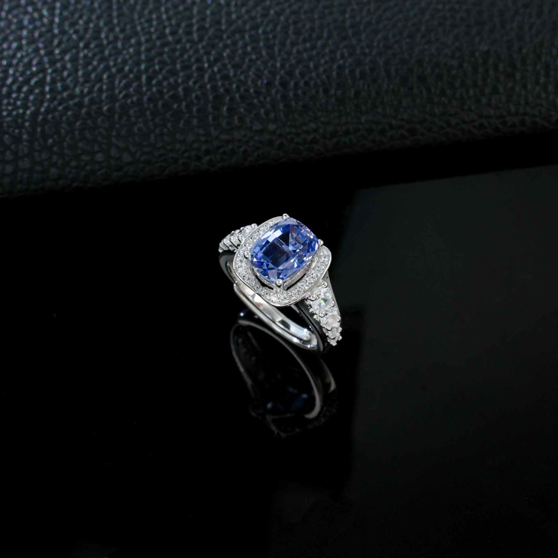S925 Sterling Silver Cornflower Lab Sapphire Halo Adjustable Open Ring, Vintage Premium - Photo 3