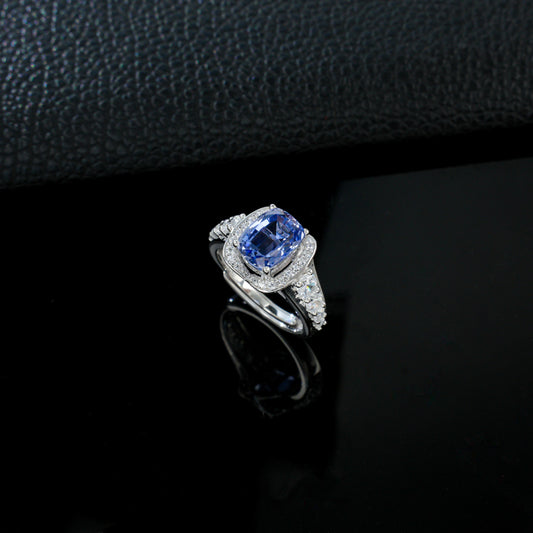 S925 Sterling Silver Cornflower Lab Sapphire Halo Adjustable Open Ring, Vintage Premium - Photo 3