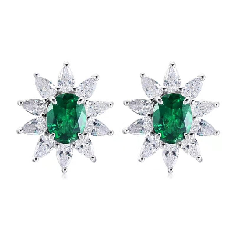 925 Sterling Silver Lab Emerald Sunflower Stud Earrings, Vintage - Photo 5