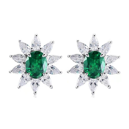 925 Sterling Silver Lab Emerald Sunflower Stud Earrings, Vintage - Photo 5