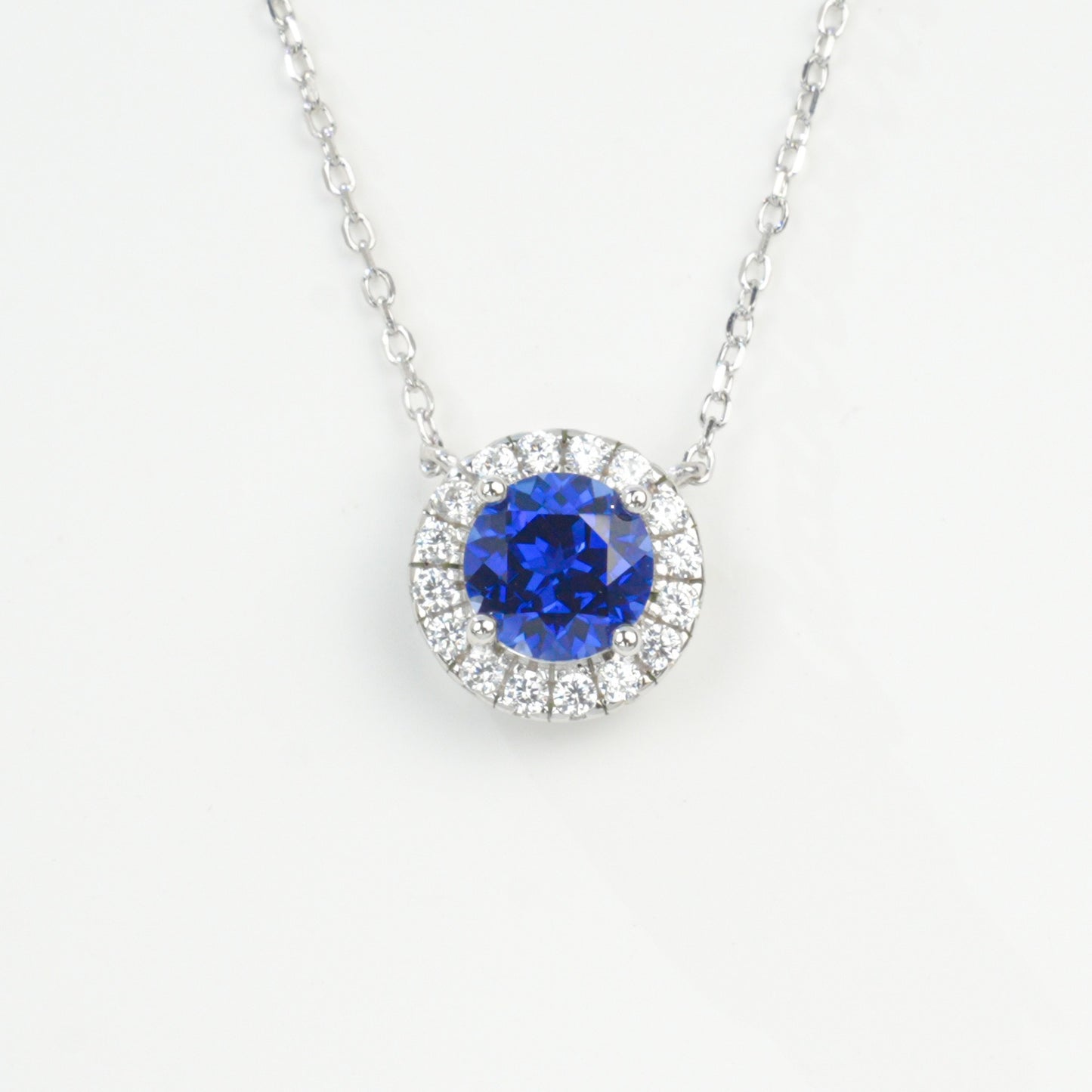 925 Sterling Silver Lab Sapphire Round Halo Pave Necklace, for Women - Photo 5