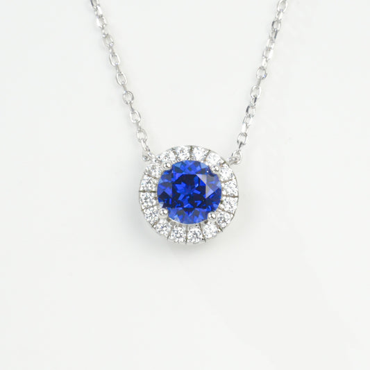 925 Sterling Silver Lab Sapphire Round Halo Pave Necklace, for Women - Photo 5