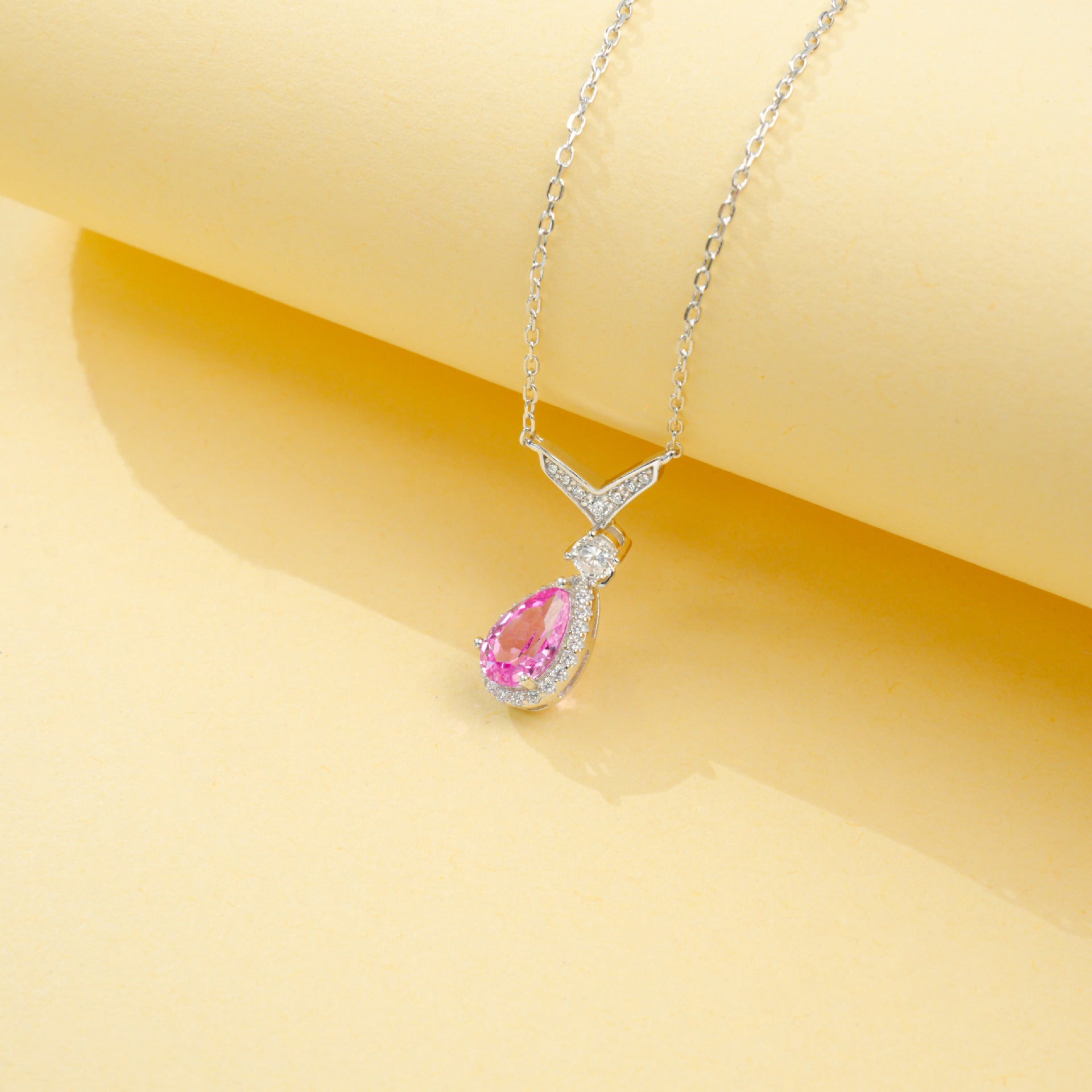 S925 Sterling Silver Lab Padparadscha Teardrop V-Shape Pave Pendant Necklace, Date for Women - Photo 3