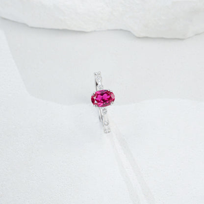 S925 Silver Oval Lab Rose Red Ruby Side Micro-Set Diamond, Versatile Women's Ring - Photo 5