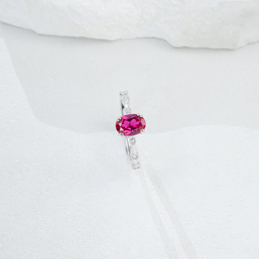 S925 Silver Oval Lab Rose Red Ruby Side Micro-Set Diamond, Versatile Women's Ring - Photo 5