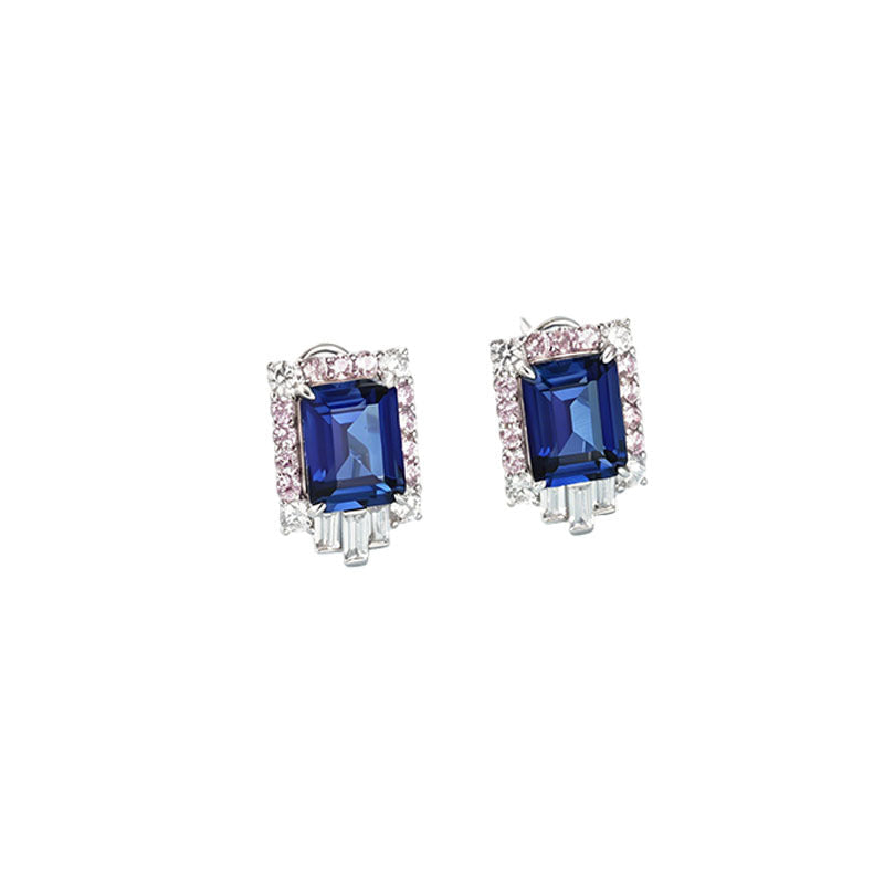 S925 Sterling Silver Lab Sapphire Earrings, Simple Women's Rectangle - Photo 1