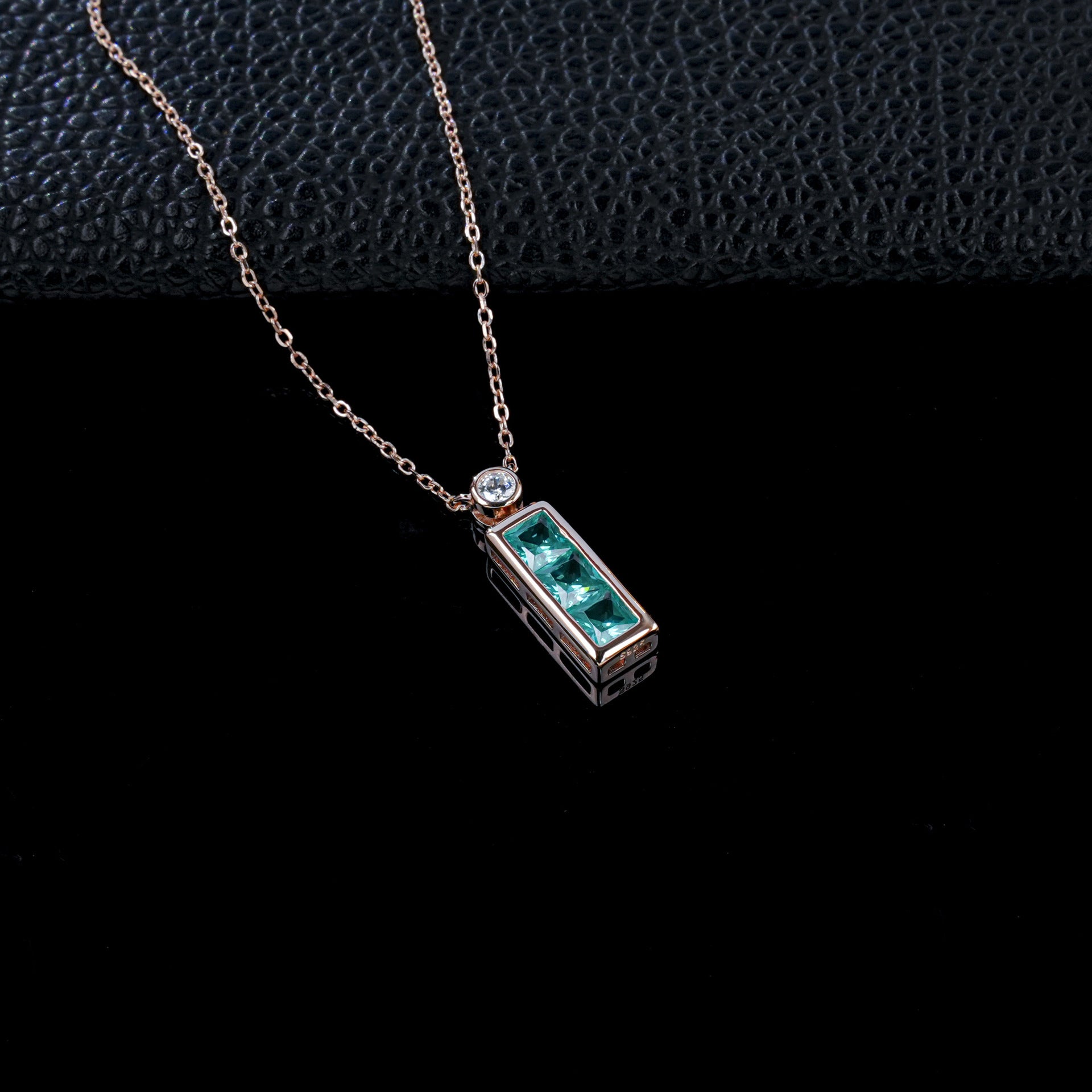 S925 Silver Rose Gold Step-Cut Lab Paraiba Tsavorite Pendant, Single Diamond Accent - Photo 3
