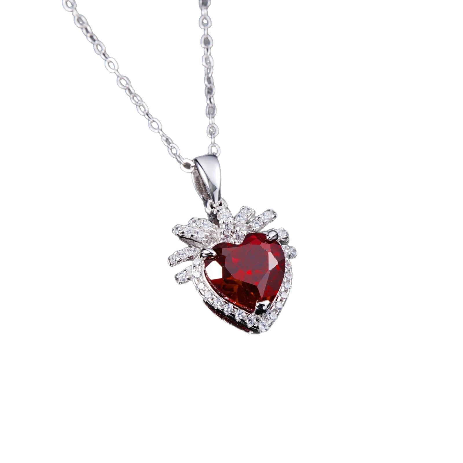 S925 Sterling Silver Fireworks Heart Ruby Pendant Necklace, Sweet-Edgy Design Choker - Photo 5