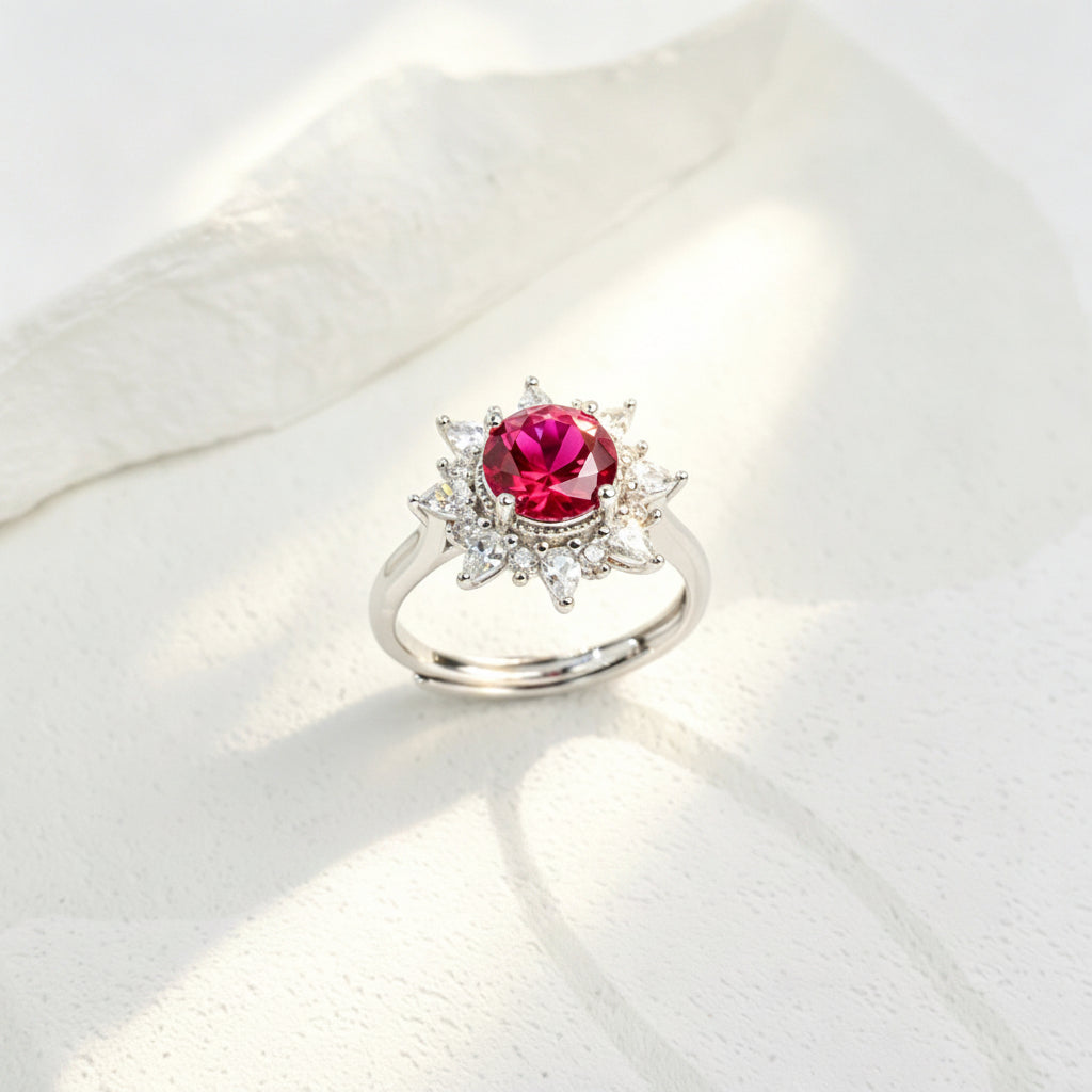 S925 Sterling Silver Lab Ruby Sunflower Open Ring, Versatile Premium - Photo 1
