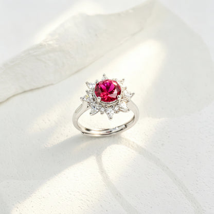 S925 Sterling Silver Lab Ruby Sunflower Open Ring, Versatile Premium - Photo 1